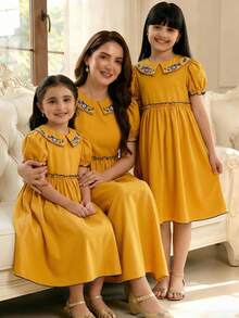 Vestido para niña preadolescente primavera/verano casual vacaciones exquisito bordado floral & plantas cuello plisado manga corta abullonada línea A tejido unicolor amarillo NIÑOS - Amarillo - Ver 5
