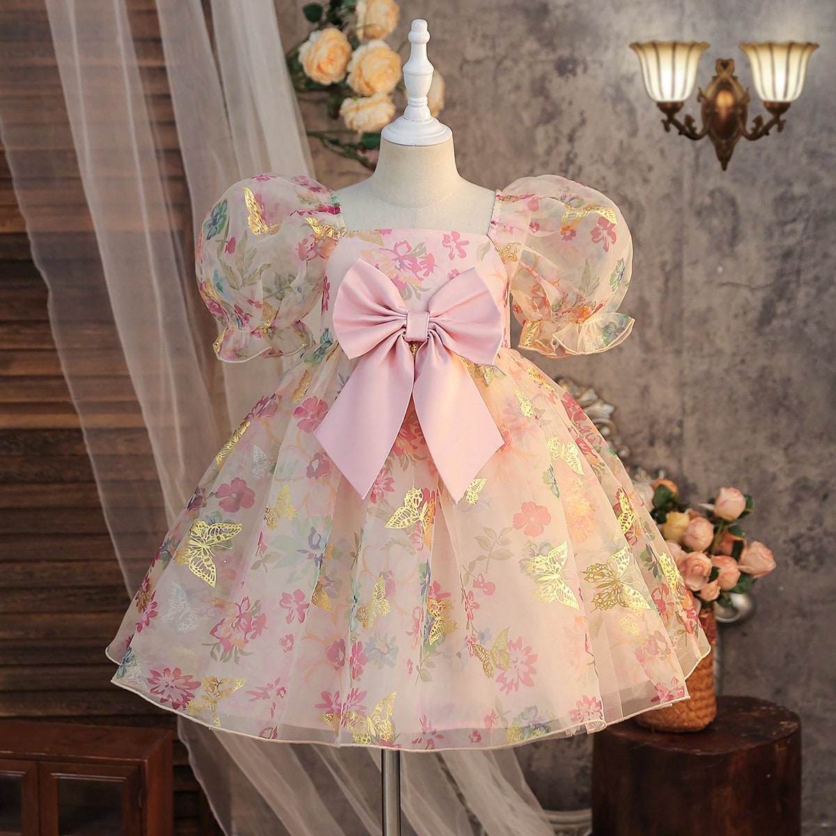 Vestido de fiesta de manga corta de organza con patrón de mariposa, elegante para niñas jóvenes en verano