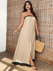 Elenzga Plus Size Faux Linen Texture Colorblock Sleeveless Open Front Wood Button Decor Maxi Dress, Elegant For Outing, Date, Party, Vacation - Khaki - View 4