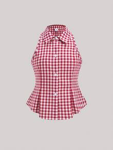 SHEIN 少女休闲度假优雅通勤上学修身翻领无袖褶皱编织蓝白条纹收腰A字纽扣衬衫 - 紅色 - 查看 10