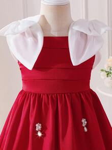 SHEIN 女童撞色编织3D蝴蝶结吊带连衣裙 - 白色 - 查看 9