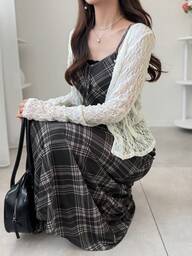 FRIFUL Mesh Plaid Camisole Waist Flared Hem Casual Versatile Dress