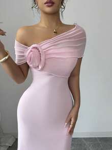 Modelyn Đầm nữ thanh lịch, tối giản, màu hồng lưới, trễ vai, họa tiết hoa, thích hợp cho các buổi hẹn hò và ngày lễ. - Hồng - Xem 7