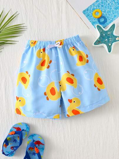 SHEIN 男童休闲时尚经典可爱卡通鸭子印花宽松沙滩短裤，适合夏季、海滩、户外、游泳