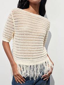 Maija 女士纯色圆领短袖镂空流苏下摆针织上衣，适合夏季假期、春假、春季、海滩、生日、外出等场合，优雅休闲，杏色上衣 - 杏色 - 查看 1