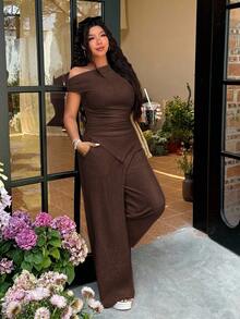 SHEIN EZwear Bộ đồ nữ cỡ lớn 2 món gồm áo và quần bất đối xứng, chất liệu jacquard, màu nâu cà phê, thích hợp cho mùa xuân/hè. - Cà phê nâu - Xem 4