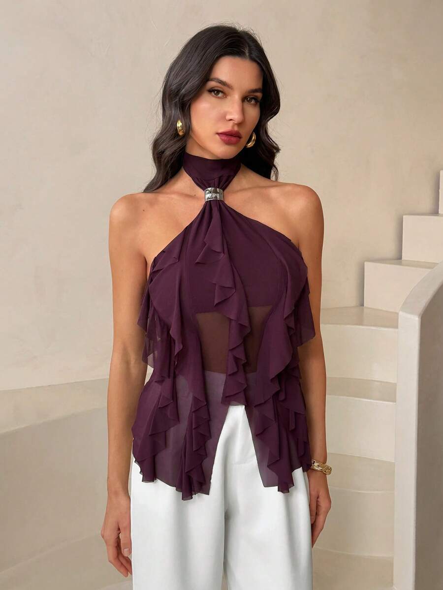 SHEIN Tall Women's Elegant Multi-Layer Ruffle Trim Stand Collar Fitted Tank Top Purple - Purple - View 1