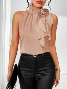 Rafferiza Women's Halter Neck Shirt With 3d Flower Decoration For New Year Clothes - Khaki - View 4