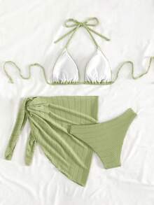 Swim Mod 女款純色掛脖綁帶性感比基尼泳衣套裝，附遮蓋裙，夏季海灘裙套裝，保守比基尼套裝，橄欖綠兩件式比基尼海灘套裝 - 黃色 - 查看 2