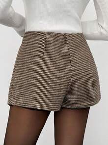 SHEIN Tall Szorty/mini spódnica z wysokiej talii z brązowej, wełnianej tkaniny w pepitkę w stylu vintage, kolor Maillarda, spodnie biznesowe, codzienne, odpowiednie na czas wolny, dojazdy do pracy, do biura, na imprezę, uniwersalne na jesień/zimę i wiosnę/lato - Brązowy - Zobacz 2