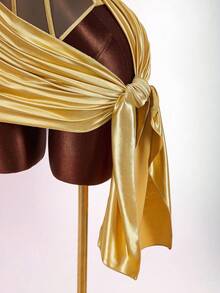 Amplova 女士性感系带迷你连衣裙，亮片拼接裹身裙摆，性感时尚，适合派对和夜店穿着。 - 金色 - 查看 5