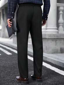 Manfinity Bizformal Quần công sở nam màu trơn, túi xéo, kiểu dáng thường ngày. - màu đen - Xem 2