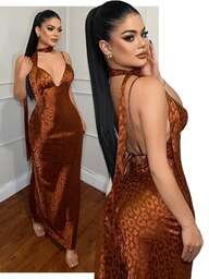 SHEIN SXY Vestido de tirantes ajustado de moda con estampado de leopardo jacquard para mujer