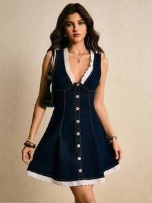 Poéselle Women's Casual Sleeveless Denim Dress With Contrast Trim, Summer - Dark Wash - View 1