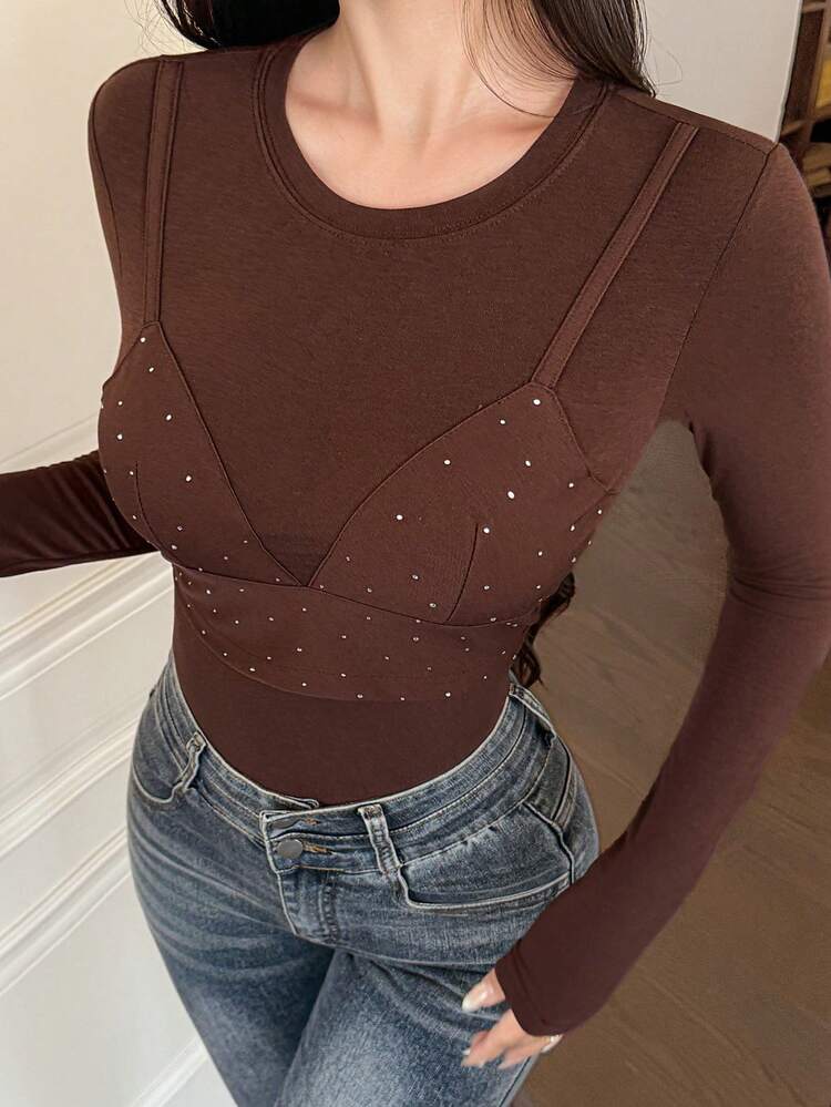 Women's Elegant Slim Fit 2 In 1 Rhinestone Embellished Long Sleeve T-Shirt, Suitable For Spring And Summer