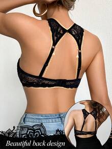 DesireSculpt 1pc Women's Underwear Black Lace Sexy Racerback Bra With Underwire - Black - View 2