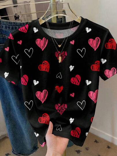 SHEIN LUNE Camiseta holgada de mujer con cuello redondo y gráfico de corazón minimalista y casual para el Día de San Valentín