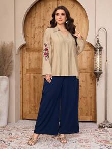 Modelyn Plus Size Women Floral Embroidery Long Sleeve Casual Shirt Modest Blouse - Khaki - View 7