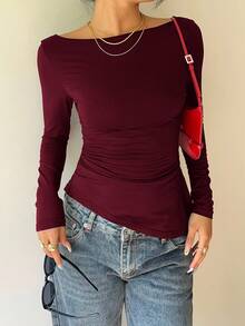 SHEIN PETITE CURVE Plus Size Elegant Solid Color Lace Patchwork Asymmetric Hem T-Shirt - Burgundy - View 6
