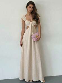 Aloruh 女士优雅波西米亚风长裙，杏色，宽领，A字裙摆设计 - 卡其色 - 查看 6