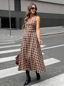 Siren Gaze Váy dài vừa phải thiết kế thắt lưng kẻ caro cho nữ - Màu nâu Sô-cô-la - Xem 5
