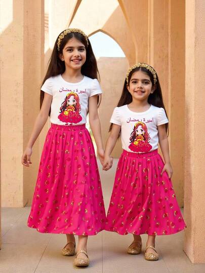 Sparklyn Girls' Holiday Set, Cute Girl Pattern Print Ruffle Sleeve Crew Neck Cap Sleeve T-Shirt And Peony Rose Print Pleated Skirt 2 Piece Outfit, Suitable For Holidays, Spring/Summer Casual Cute Sweet Style Shirt With Skirt For Grils Matching Clothes For Girls Skirt Summer Sets For Girls Two Piece Maxi Set For Girls Girls Long Skirts With Shirts