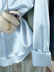 INAWLY Women's Solid Color Front Button Pocket Casual Long Sleeve Shirt - Baby Blue - View 4