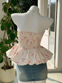 Comfortcana Áo quây nữ kiểu dáng thường ngày, in nơ, viền xếp ly phồng, thích hợp cho mùa hè. - Nhiều màu - Xem 2