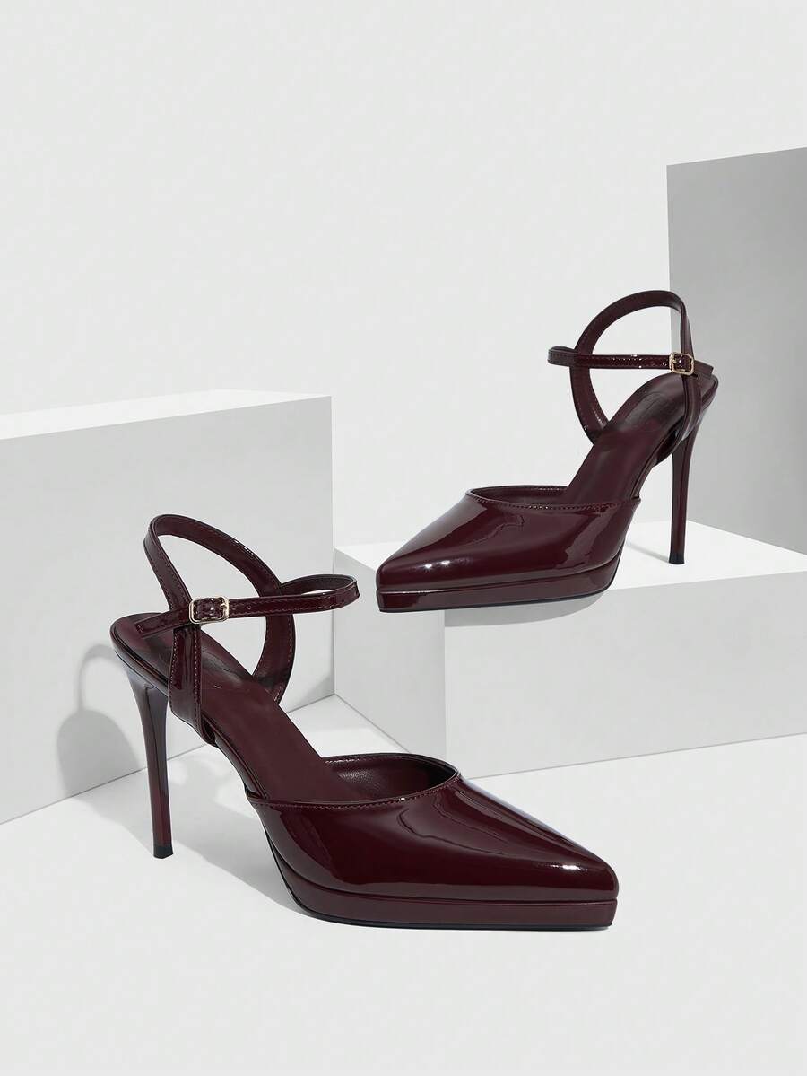 CUCCOO SZL Women Shoes Pointed Thin High Heel Heightening Water Table Burgundy Ankle Strap Simple Back Lift Women's Back Empty Shoes Wedding Party Banquet Simple Fashion Sexy Women's High Heel Shoes Women's Shoes - Redwood - View 1