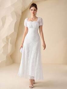 Modelyn 白色蕾丝泡泡袖收腰法式浪漫性感优雅公主裙