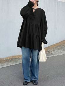FRIFUL Women's Solid Color Cotton Shirt With Drawstring Collar, Bell Cuffs, Pleated Splice, Loose Casual Versatile Spring Long Sleeve - Black - View 2