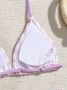 SHEIN Tween Girls Bikini Set Sweet And Spicy Vacation Style Purple And White Contrast Stripe Printed Folded Texture Fabric Hanging Neck Two Piece Set Bikini Swimsuit - Purple - View 5