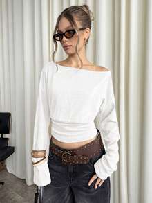 SHEIN BAE Women's Casual Solid Color Oblique Shoulder Long Sleeve Top - White - View 6