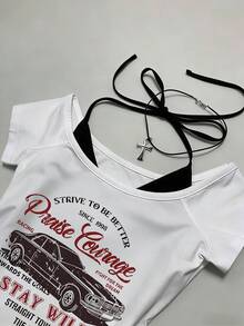 INAWLY Women's Retro Y2K Contrast Color Patchwork Top - White - View 5