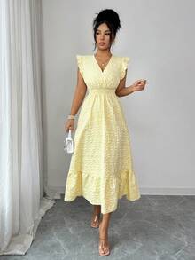 Elenzga 女士优雅纹理V领收腰A字长连衣裙，泡泡袖，浅黄色，春夏款 - 黃色 - 查看 6