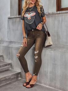 EMERY ROSE Quần jean nữ dáng skinny rách có túi, kiểu dáng thường ngày, đa năng. - Cà phê nâu - Xem 6