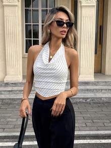 Siren Gaze 女士垂领条纹吊带背心，露背上衣，适合办公室/通勤穿着 - 白色 - 查看 7