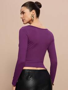 Olia Maree 不对称下摆长袖纯色T恤上衣，简约时尚，适合日常休闲穿着，基础款长袖上衣，黑色长袖上衣，女士长袖上衣，黑色长袖上衣 - 紫色 - 查看 2