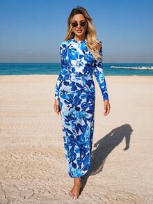 Swim Mulvari 女士扎染花卉经典印花连体泳衣，网纱拼接长款连衣裙，中东风格连体泳装 - 藍色 - 查看 4