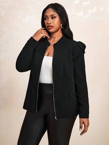 Truni 1pc Women's Plus Size Simple Shiny Print Front Open Jacket, Suitable For Autumn And Winter,Halloween&New Year& Charistmas Clothes Fall, For Pear & Triangle Body Shape - Black - View 5