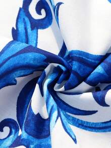 Vivid Eden 大码女式印花扭结设计短泡泡袖口袋优雅连衣裙 - 藍色 - 查看 6