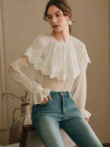 Anewsta Women's Lace Collar Sheer Mesh Flare Sleeve Long Sleeve Blouse - Apricot - View 7