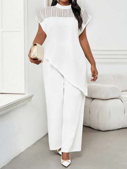 SHEIN Lady 大码女式优雅蝙蝠袖不对称下摆休闲衬衫