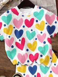 2件套少女休闲可爱爱心印花短袖T恤短裤套装，适合夏季穿着