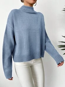 EURMUSE Women's Casual Solid Color Turtleneck Sweater, Fall/Winter - Baby Blue - View 5