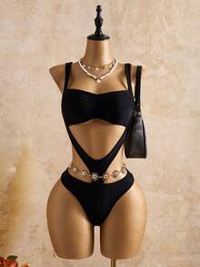 Bellisia 26SS 黑色性感露背吊带连体泳衣，适合海滩和度假，春夏款 - 黑色 - 查看 3
