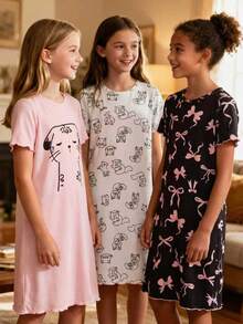 3件套 少女甜美粉色底色漂亮蝴蝶结可爱小猫印花A字长款睡衣 - 彩色 - 查看 7