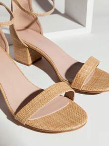 SHUZIA Top-Seller Women's Ankle Strap Open Toe Low Block Heel Minimalist Raffia Sandals –Comfortable & Essential - Beige - View 4