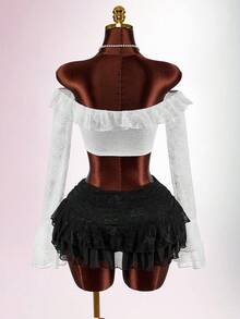 Amplova 女士花卉蕾丝拼接荷叶边露肩系带设计短款时尚上衣，适合度假、Y2K 和情人节穿着 - 白色 - 查看 9