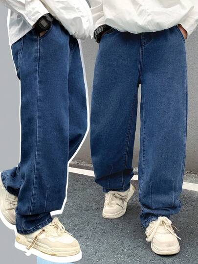 SHEIN Jeans sueltos azules básicos, simples y cómodos con detalles de parches vintage de moda casual Y2K para niños y preadolescentes, ropa de uso diario y atuendos de primavera y verano para festivales y ropa de calle